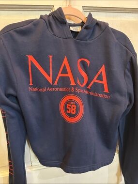 Mighty Fine Navy Crop Hoodie with Red NASA Logo